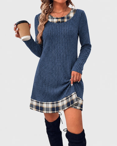Contrast Trim Ribbed Long Sleeve Sweater One-Piece Dress
