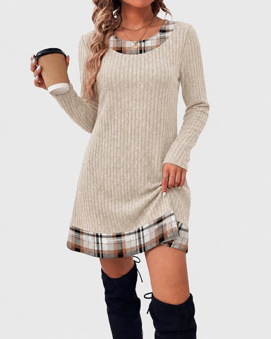 Contrast Trim Ribbed Long Sleeve Sweater One-Piece Dress