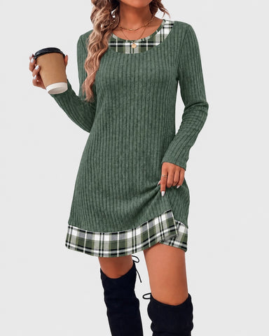 Contrast Trim Ribbed Long Sleeve Sweater One-Piece Dress