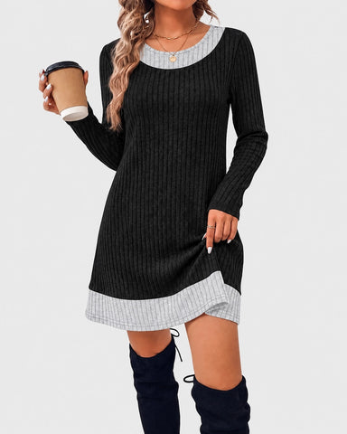 Contrast Trim Ribbed Long Sleeve Sweater One-Piece Dress