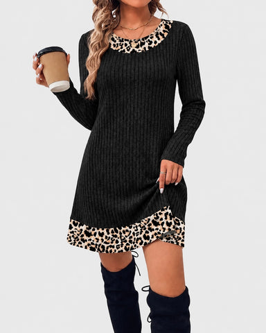 Contrast Trim Ribbed Long Sleeve Sweater One-Piece Dress