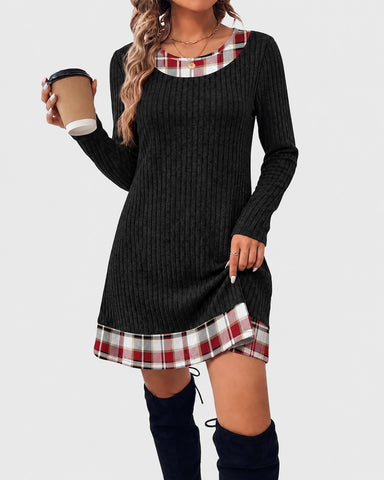 Contrast Trim Ribbed Long Sleeve Sweater One-Piece Dress