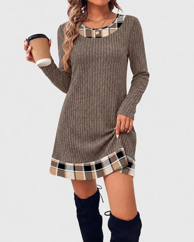Contrast Trim Ribbed Long Sleeve Sweater One-Piece Dress