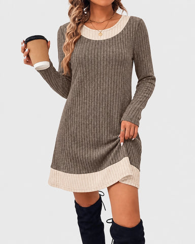 Contrast Trim Ribbed Long Sleeve Sweater One-Piece Dress
