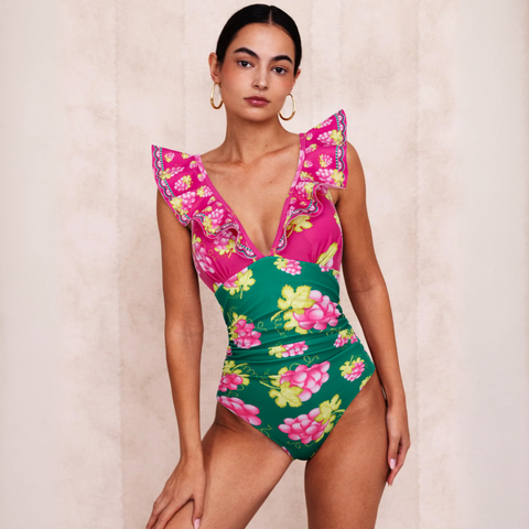 Shapecurve® Long-sleeved Retro Green Grapes Print One Piece Swimsuit and Skirt