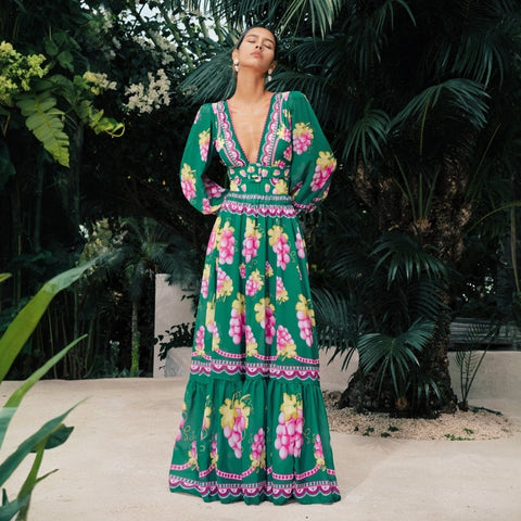 Shapecurve® Long-sleeved Retro Green Grapes Print One Piece Swimsuit and Skirt