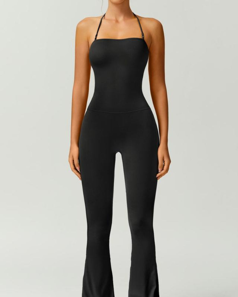 Women’s Halter Neck Bodycon Flare Jumpsuit – Stretchy, Butt-Lifting Activewear