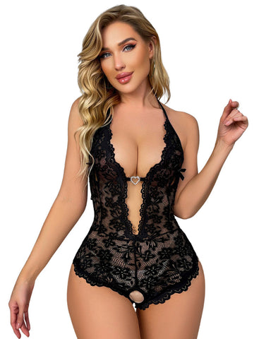 Bridal Floral Lace Scallop Trim Cutout Sheer Crotchless Teddy