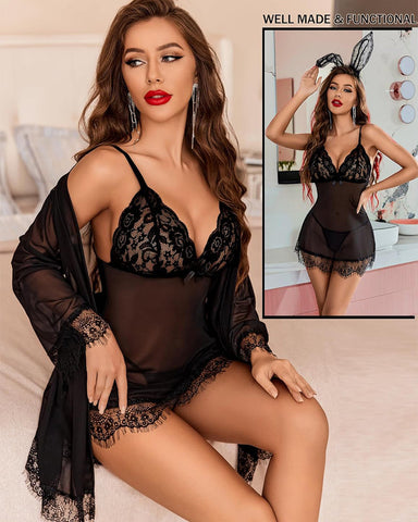 Sexy 3-Piece Lingerie Set for Women – Mesh Kimono Robe & Lace Babydoll Dress