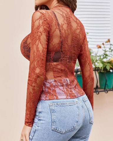 Women’s Sheer Mesh Top – Long Sleeve Floral Lace Blouse with Mock Neck