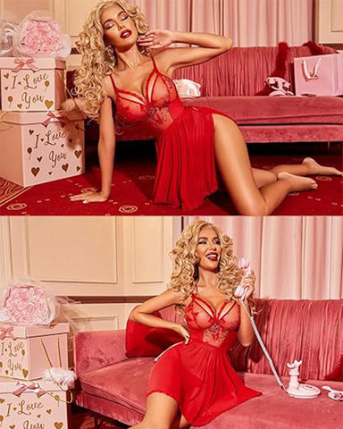 Women's Lingerie Lace Chemise Floral Embroidery Mesh Babydoll Side Slit Sleepwear