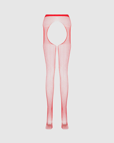 Red Sheer Fishnet Open-Crotch Tights