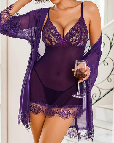 Sexy 3-Piece Lingerie Set for Women – Mesh Kimono Robe & Lace Babydoll Dress