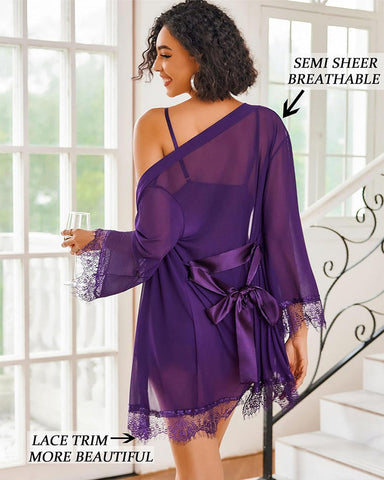 Sexy 3-Piece Lingerie Set for Women – Mesh Kimono Robe & Lace Babydoll Dress