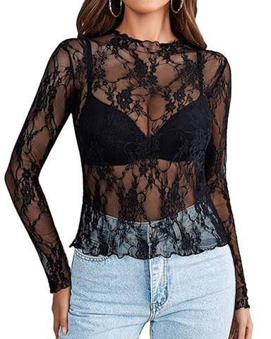 Women’s Sheer Mesh Top – Long Sleeve Floral Lace Blouse with Mock Neck