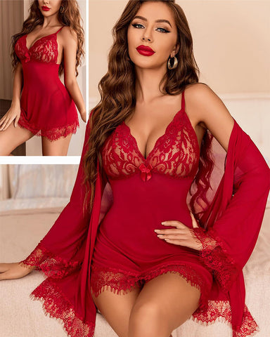 Sexy 3-Piece Lingerie Set for Women – Mesh Kimono Robe & Lace Babydoll Dress