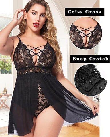 Sexy Plus Size Babydoll – V Neck Lace Snap Crotch Nightwear