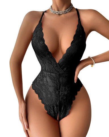 Valentine’s Day Sexy Lace Bodysuit with Heart Rhinestone & Criss-Cross Back