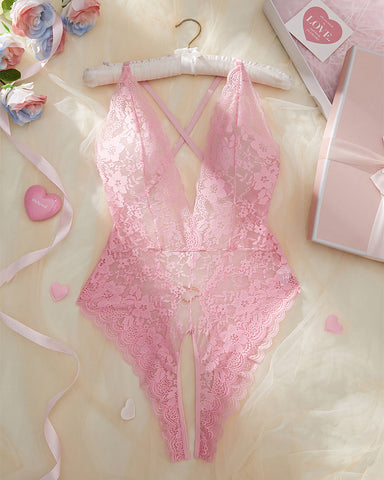 Valentine’s Day Sexy Lace Bodysuit with Heart Rhinestone & Criss-Cross Back
