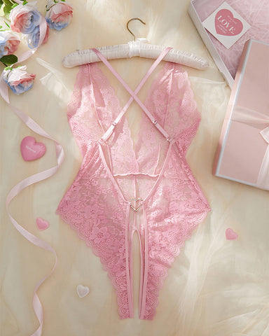 Valentine’s Day Sexy Lace Bodysuit with Heart Rhinestone & Criss-Cross Back