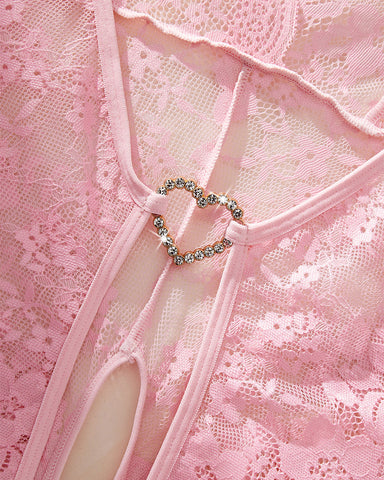 Valentine’s Day Sexy Lace Bodysuit with Heart Rhinestone & Criss-Cross Back