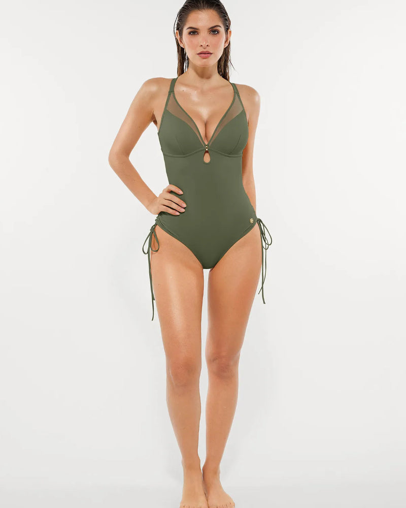 Popilush® Mesh Inset Tie-Side Sculpting One-Piece Swimsuit