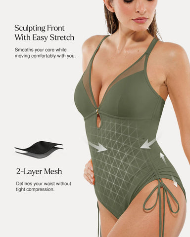Popilush® Mesh Inset Tie-Side Sculpting One-Piece Swimsuit