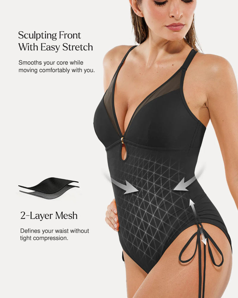 Popilush® Mesh Inset Tie-Side Sculpting One-Piece Swimsuit