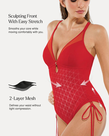 Popilush® Mesh Inset Tie-Side Sculpting One-Piece Swimsuit