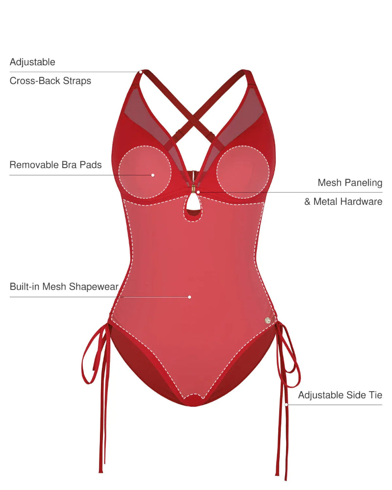 Popilush® Mesh Inset Tie-Side Sculpting One-Piece Swimsuit