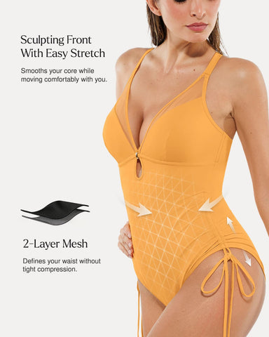 Popilush® Mesh Inset Tie-Side Sculpting One-Piece Swimsuit