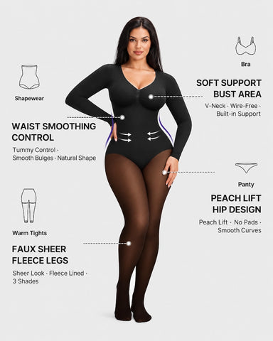 Sheer-Panel Fleece-Lined Long Sleeve Bodysuit
