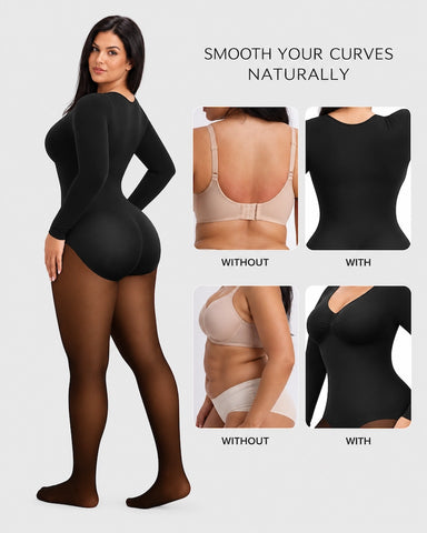 Sheer-Panel Fleece-Lined Long Sleeve Bodysuit