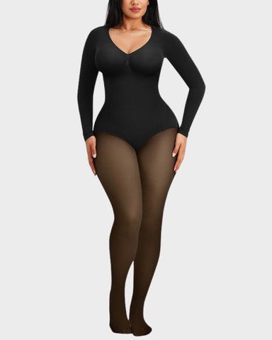 Sheer-Panel Fleece-Lined Long Sleeve Bodysuit