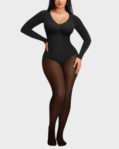 Sheer-Panel Fleece-Lined Long Sleeve Bodysuit