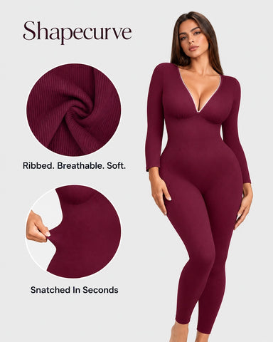 Deep V Ribbed Long-Sleeve Jumpsuit