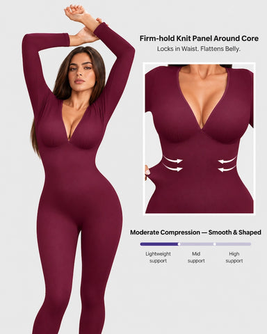 Deep V Ribbed Long-Sleeve Jumpsuit