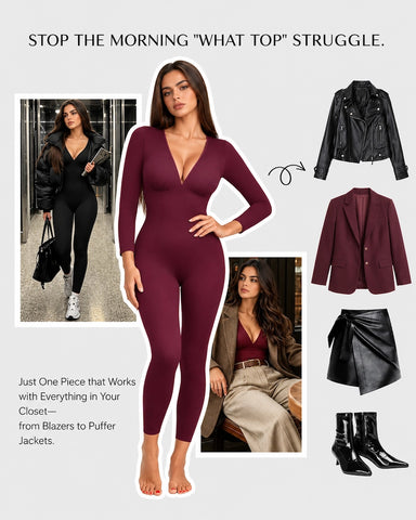 Deep V Ribbed Long-Sleeve Jumpsuit
