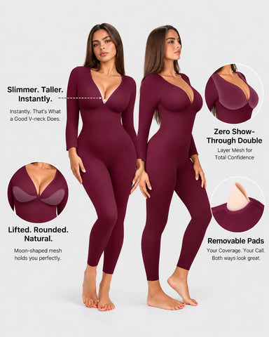 Deep V Ribbed Long-Sleeve Jumpsuit