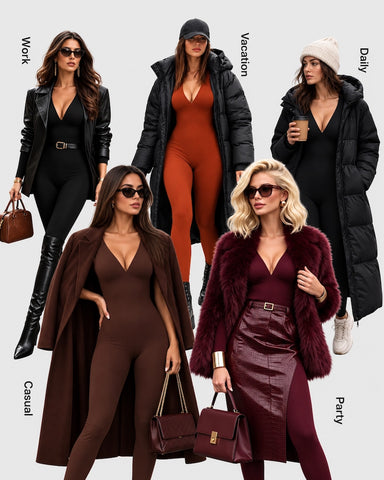 Deep V Ribbed Long-Sleeve Jumpsuit