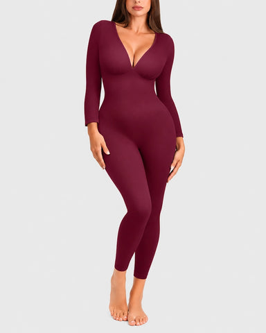 Deep V Ribbed Long-Sleeve Jumpsuit