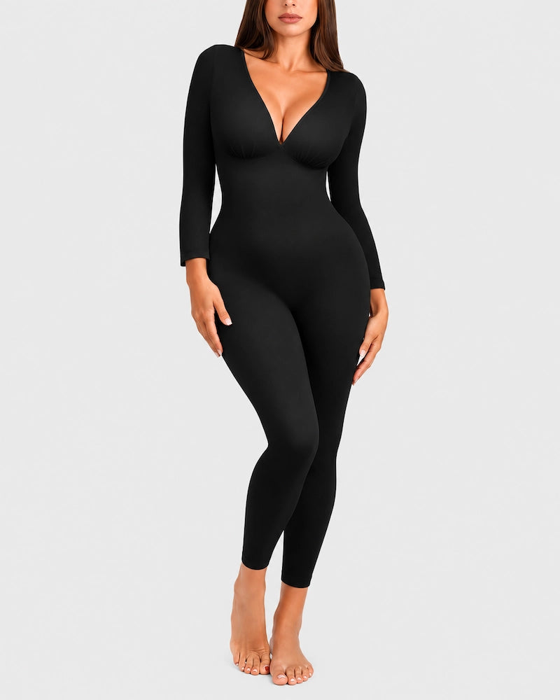 Deep V Ribbed Long-Sleeve Jumpsuit