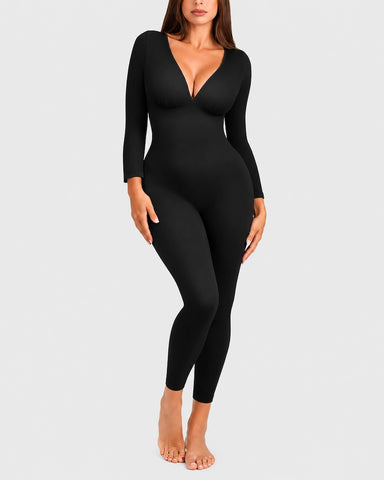 Deep V Ribbed Long-Sleeve Jumpsuit