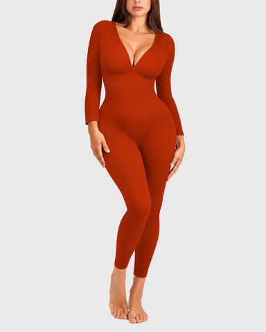 Deep V Ribbed Long-Sleeve Jumpsuit