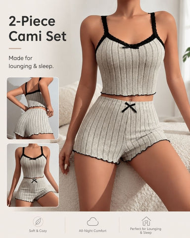 Lace Bow Cami Top And Shorts Pajama Set