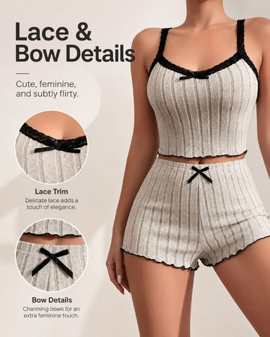 Lace Bow Cami Top And Shorts Pajama Set