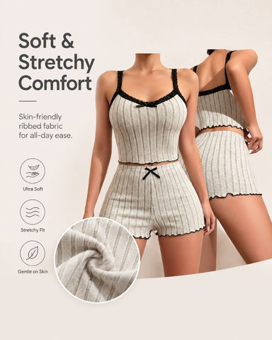 Lace Bow Cami Top And Shorts Pajama Set