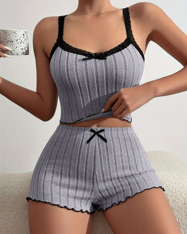 Lace Bow Cami Top And Shorts Pajama Set