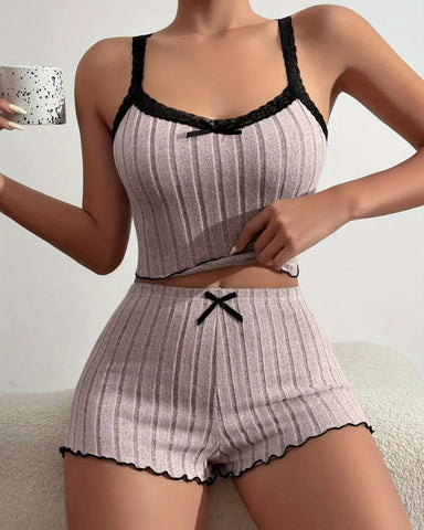 Lace Bow Cami Top And Shorts Pajama Set