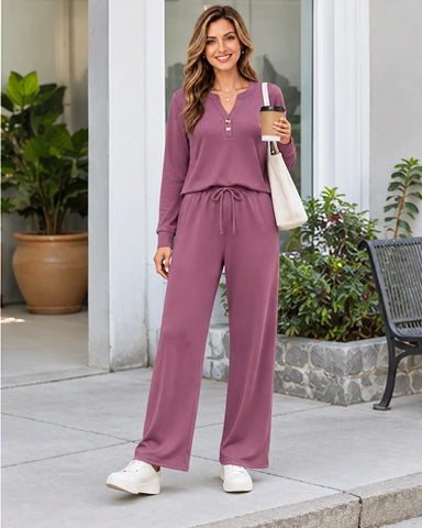 2-Piece Lounge Set - Long Sleeve Top & Wide Leg Pants